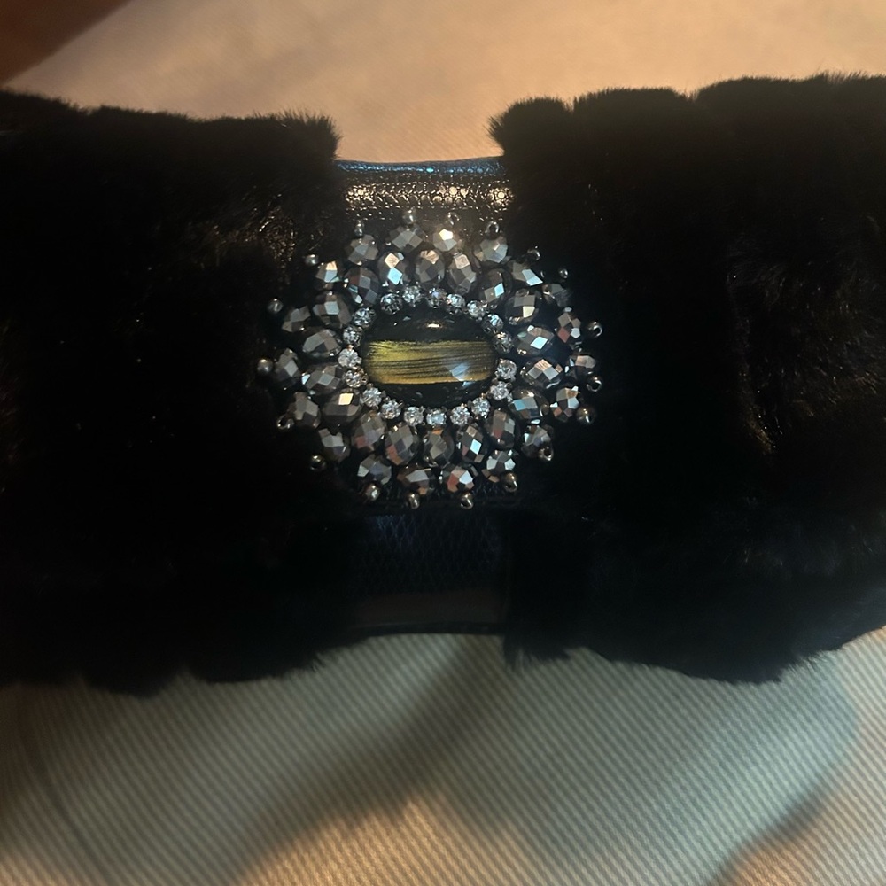 NWT. Black Faux Fur Clutch with Crystal Embellishment